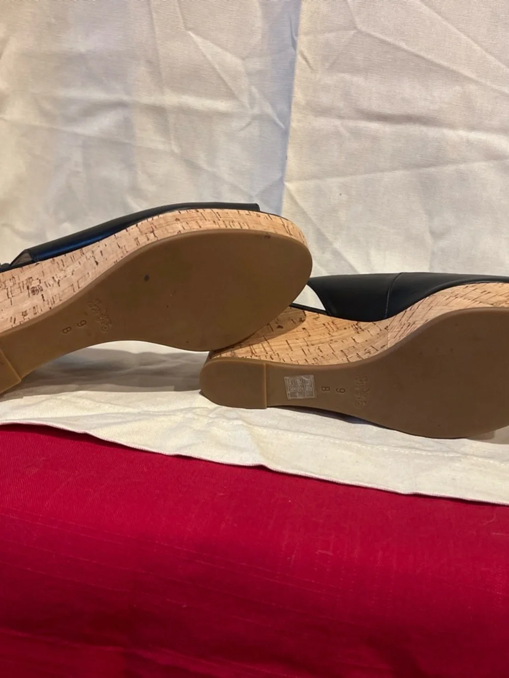 COACH Black Leather Peep-Toe Cork Wedge Slingbacks